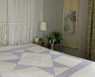 Vintage Handmade Lavender And White Star Quilt With Hand Embroidery