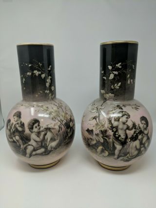 Antique Large Milk (?) Glass Mantel Vases Vase Signed Josef Ahne (1830 - 1909)