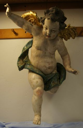 18th Century Hand Carved Wooden Painted Angel/cherub Hanging Figure