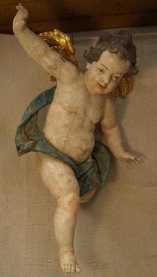 18th Century Hand Carved Wooden Painted Angel/Cherub Hanging Figure 3