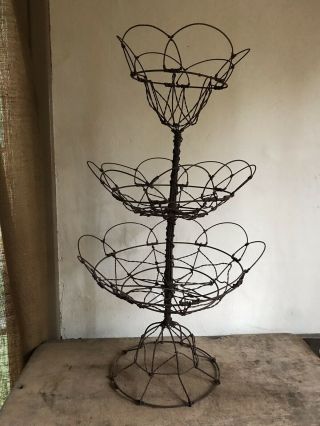 Rare Tall Old Antique Handmade 3 Tier Metal Wire Compote Stand Patina Aafa