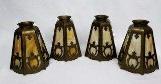 4 Antique Art Nouveau Brass And Slag Glass Shades Stunning