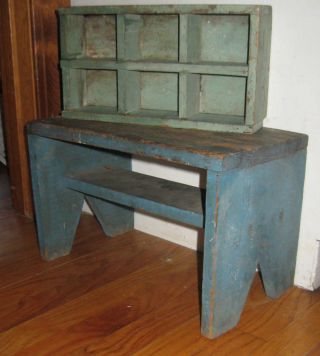 Antique Square Nail Bench Best Old Blue Paint,  Best Detail Aafa Nr