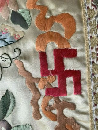 Couch Framed 16 " X 29 " Vtg Japanese Silk Textile Swastika Flowers Butterfly