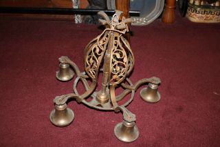 Antique Victorian Art Deco Brass Metal 5 Light Chandelier W/Floral Scrolls 2