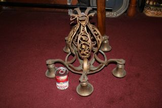 Antique Victorian Art Deco Brass Metal 5 Light Chandelier W/Floral Scrolls 5