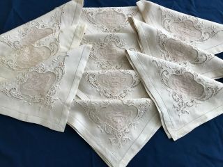 Antique Italian Fine Linen Napkins Punto Trafore Embroidered Cutwork Filet Lace