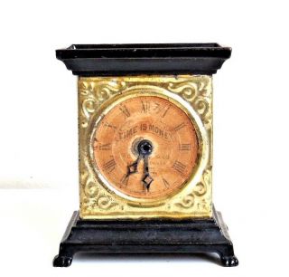 Vintage Rare 1885 H.  C Mfg.  Co.  " Time Is Money " Cast Iron,  Tin & Paper Still Bank