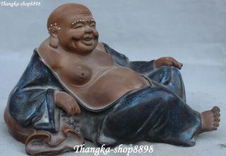 10 " Old Chinese Wucai Porcelain Sleeping Happy Laugh Maitreya Buddha Statue