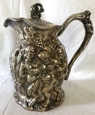 Antique British Silver Plate Jug Bacchus Animal Figural Grapes And Vine