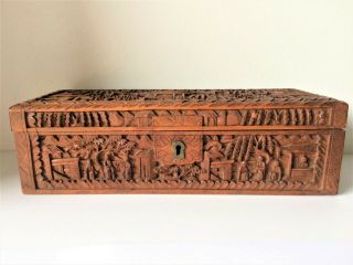 Antique Chinese Wooden Fine Carved Pictorial Long Jewelry Box