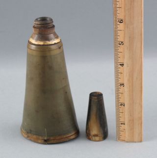 Unique Antique 18/19thc American Primitive Black Powder Horn W/ Measure Cap