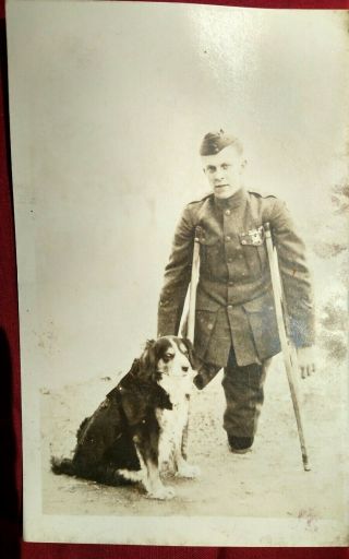 Wwi Marine Amputee Rppc - Patch,  Posed With Dog
