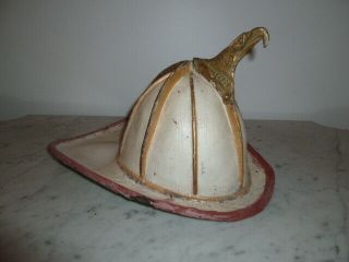 Antique American Leather White Fireman Helmet With Large Brass Eagle Circa 1900s