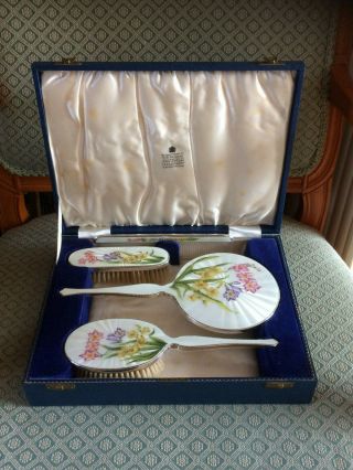 Garrard Boxed Vintage Sterling Silver,  Guilloche Enamel Dressing Table Set