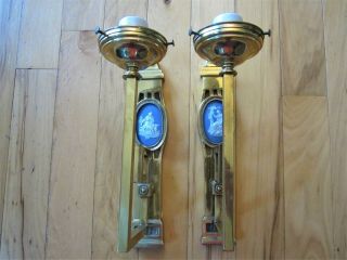 Pair Bronze Lighting Fixture,  WEDGWOOD Jasperware Brass Victorian Wall Sconces 3