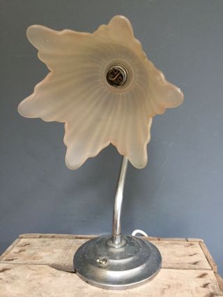 1930s Art Deco Chrome Table Lamp,  Shade,  Wavy Glass