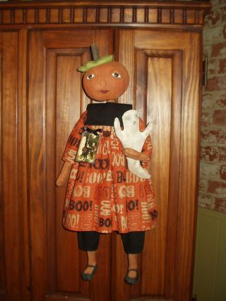 Primitive Folk Art Fall/halloween Pumpkin Doll And Ghost