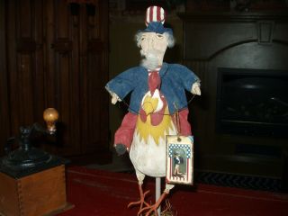 Primitive Americana Uncle Sam Riding A Rooster On Wood Pedestal
