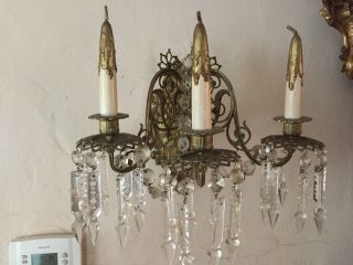 Vintage French Bronze & Crystal Sconces With 3 Arms Antique 18th Cent.