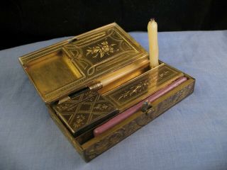 Rare Victorian Travelling Inkwell Dip Pen Candle Box Penner Etui Writing Set