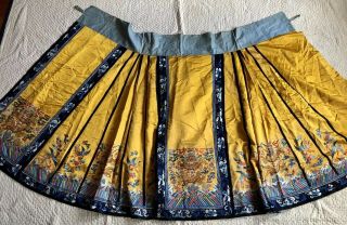 Antique Chinese Imperial Yellow Satin Dragon Skirt Finely Embroidered Gold Qing