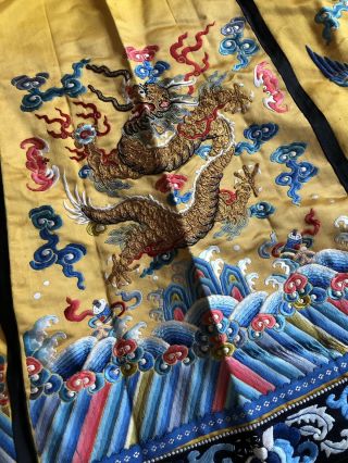 Antique Chinese Imperial Yellow Satin Dragon Skirt Finely Embroidered Gold Qing 3