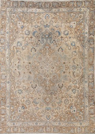 Worn Antique Persian Area Rugs Muted Kashmar Distressed Brown Blue Carpet 8 