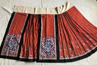 Antique 19thc Chinese Silk Damask Wedding Skirt Embroidered Florals Symbols Qing