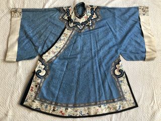 Antique Chinese Blue Silk Buddhist Damask Robe Figural Sleevebands Fish Birds 4