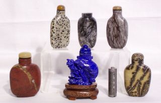 Six (6) Old Hard - Stone Snuff Bottles - Hair Crystal,  Lapis,  Limestone,  Jasper