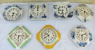 7 Vintage Ceramic Porcelain Miller German & Other Wall Clocks Dutch Art Deco Tlc