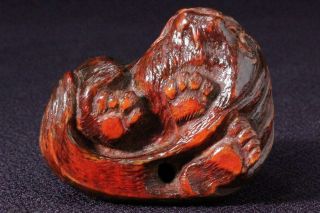 NW88 Japanese wooden Red shishi (Lion) komainu Dog Tsuba sword inro ojime 7