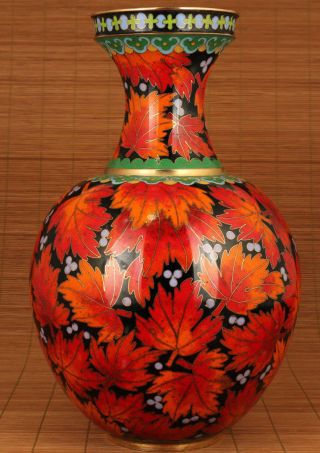 Antique Big Unique Chinese Old Enamels Cloisonne Hand Painting Maple Leaf Vase