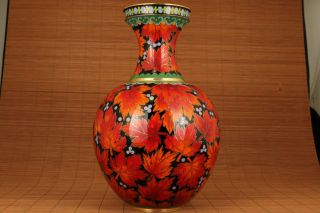 antique Big unique Chinese Old enamels cloisonne hand painting maple leaf vase 9