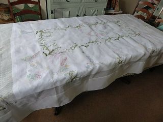 VINTAGE HAND EMBROIDERED ORGANZA TABLECLOTH/BEAUTIFUL LILY OF THE VALLEY 9