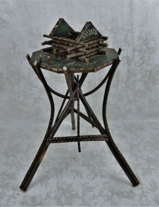 Antique Primitive Folk Art Adirondack Sewing Stand Table Made Branches Painted