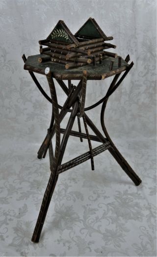 Antique Primitive Folk Art Adirondack Sewing Stand Table Made Branches Painted 4