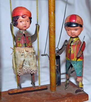 RARE Tin,  Celluloid & Wood Pre War Japan Boy & Girl Swing - 3