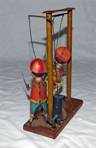RARE Tin,  Celluloid & Wood Pre War Japan Boy & Girl Swing - 5