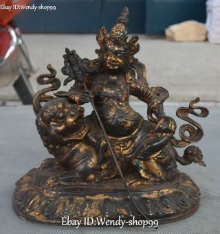 8 " Old Tibet Buddhism Bronze Gild Vaishravana Lion Protector Deity Buddha Statue