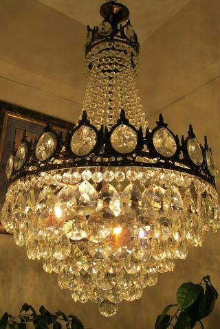 Antique Vnt.  Big French Basket Style Crystal Chandelier Light Lamp 1940 