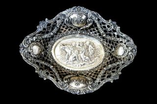 Antique German Silver Alloy.  800 Dish W/ Open Work & Floral/cherub Repousse 527g
