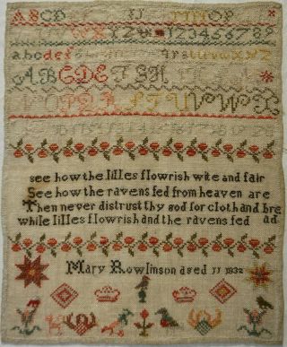 Early 19th Century Verse & Motif Sampler By Mary Rowlinson Aged 11 - 1832