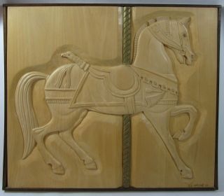 Vtg Hand Carved Carousel Horse Wood Picture Relief Carving By George Updegraff