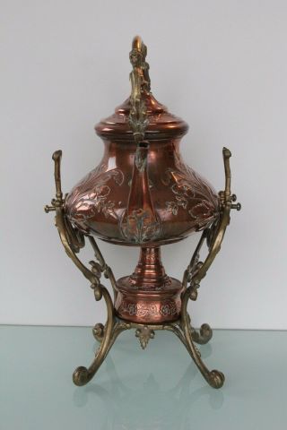 Art nouveau French brass copper spirit tea pot kettle on stand. 10