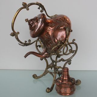 Art Nouveau French Brass Copper Spirit Tea Pot Kettle On Stand.