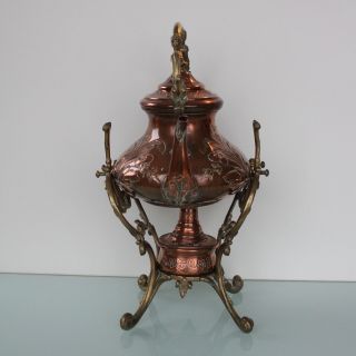 Art nouveau French brass copper spirit tea pot kettle on stand. 2