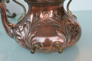 Art nouveau French brass copper spirit tea pot kettle on stand. 7