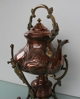 Art nouveau French brass copper spirit tea pot kettle on stand. 8